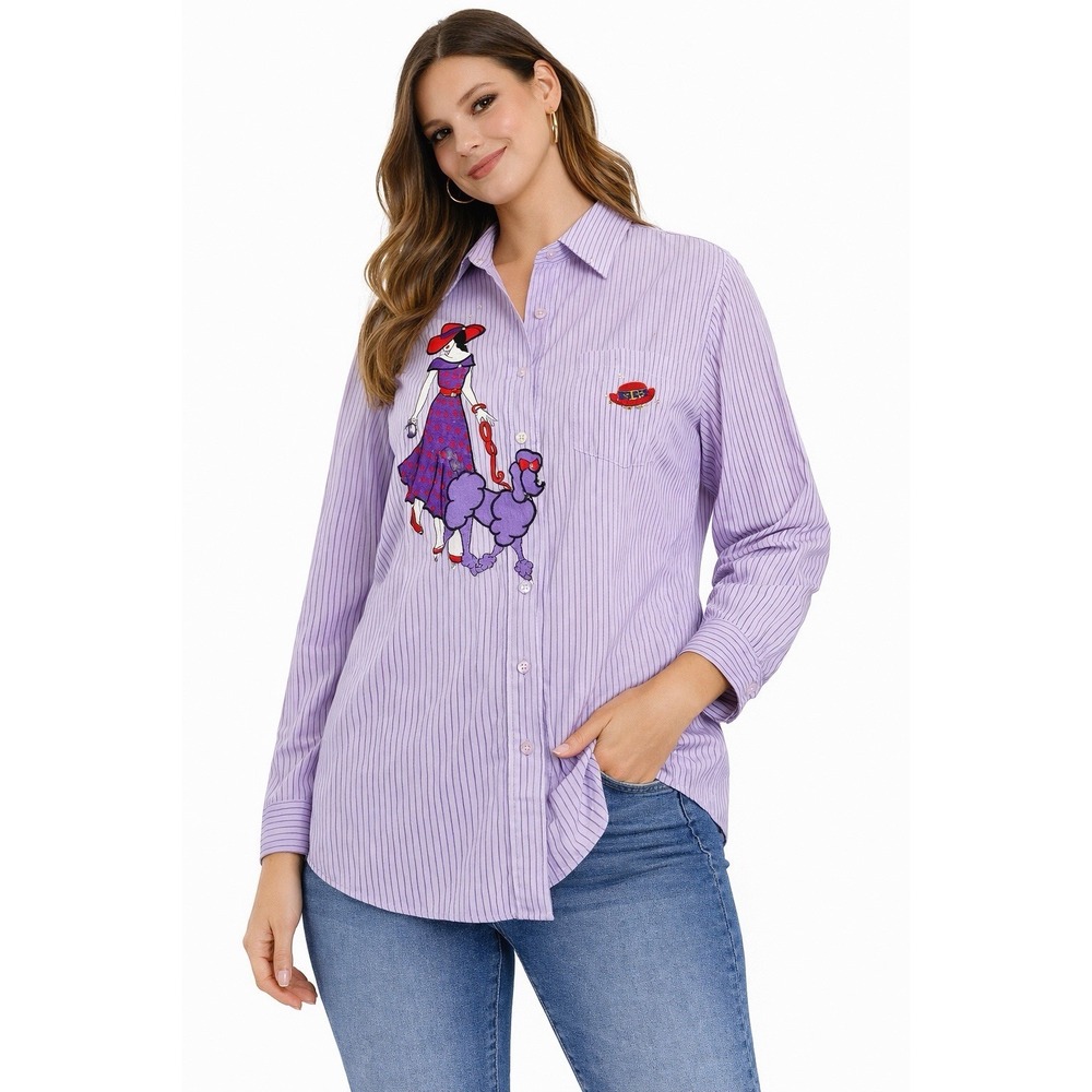 Las Olas Womens Purple Stripe Button Shirt XL Poodle Embroidered Novelty Top